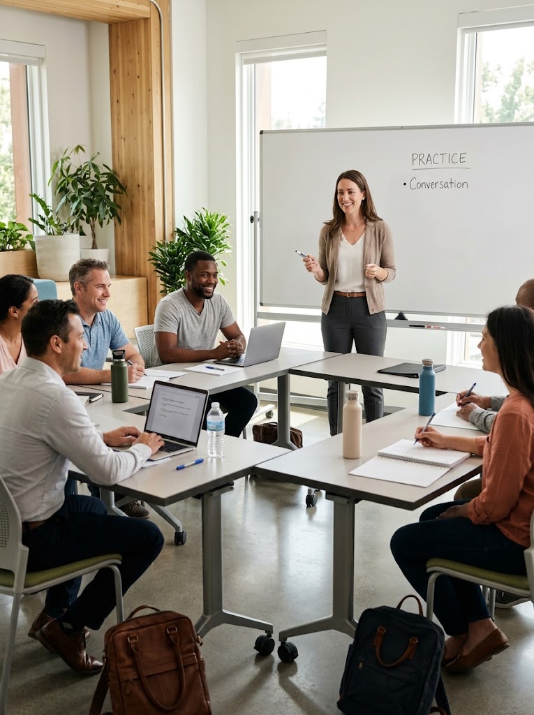 Students talking in English in an online class
