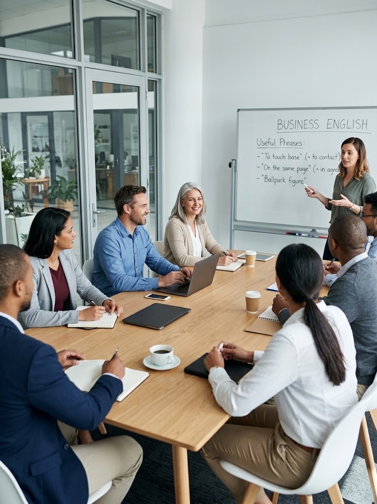 Company team in an online English class